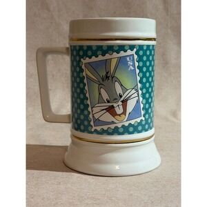 Vintage 1997 Bugs Bunny Warner Bros USPS Stamp Ceramic Beer Stein Mug Gold Trim